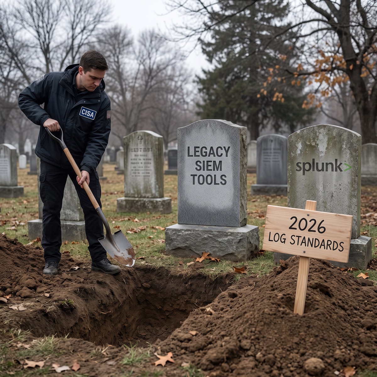 A CISA staffer digging a grave in a cemetery, beside headstones marked Legacy SIEM Tools and Splunk, with a sign reading 2026 Log Standards