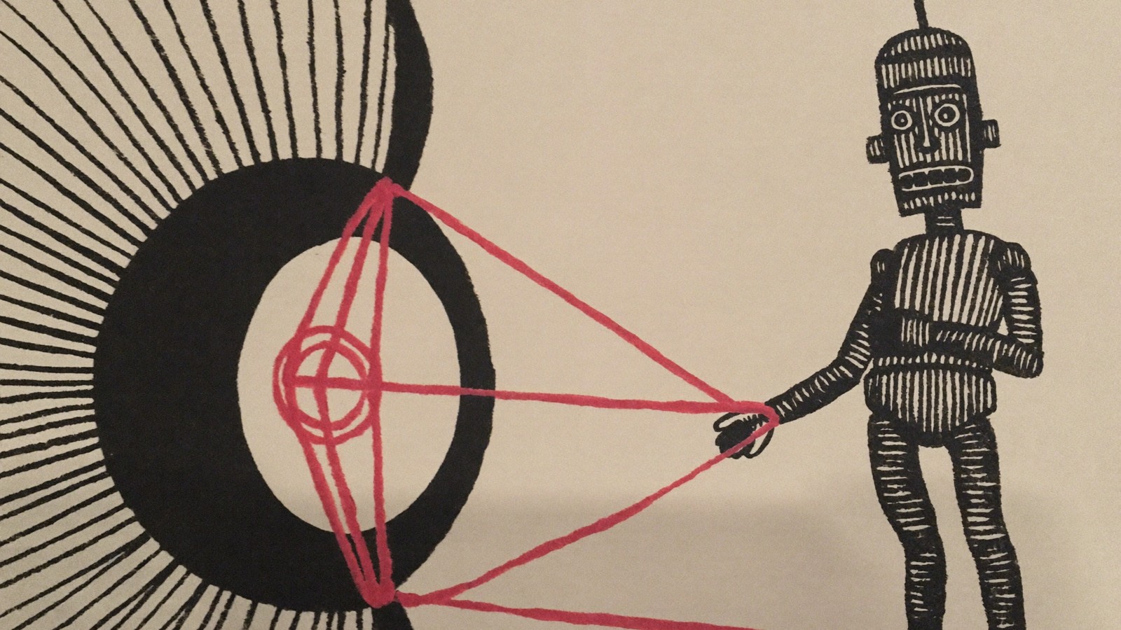 An all-seeing eye watching an AI agent held by red puppet strings, editorial hero illustration