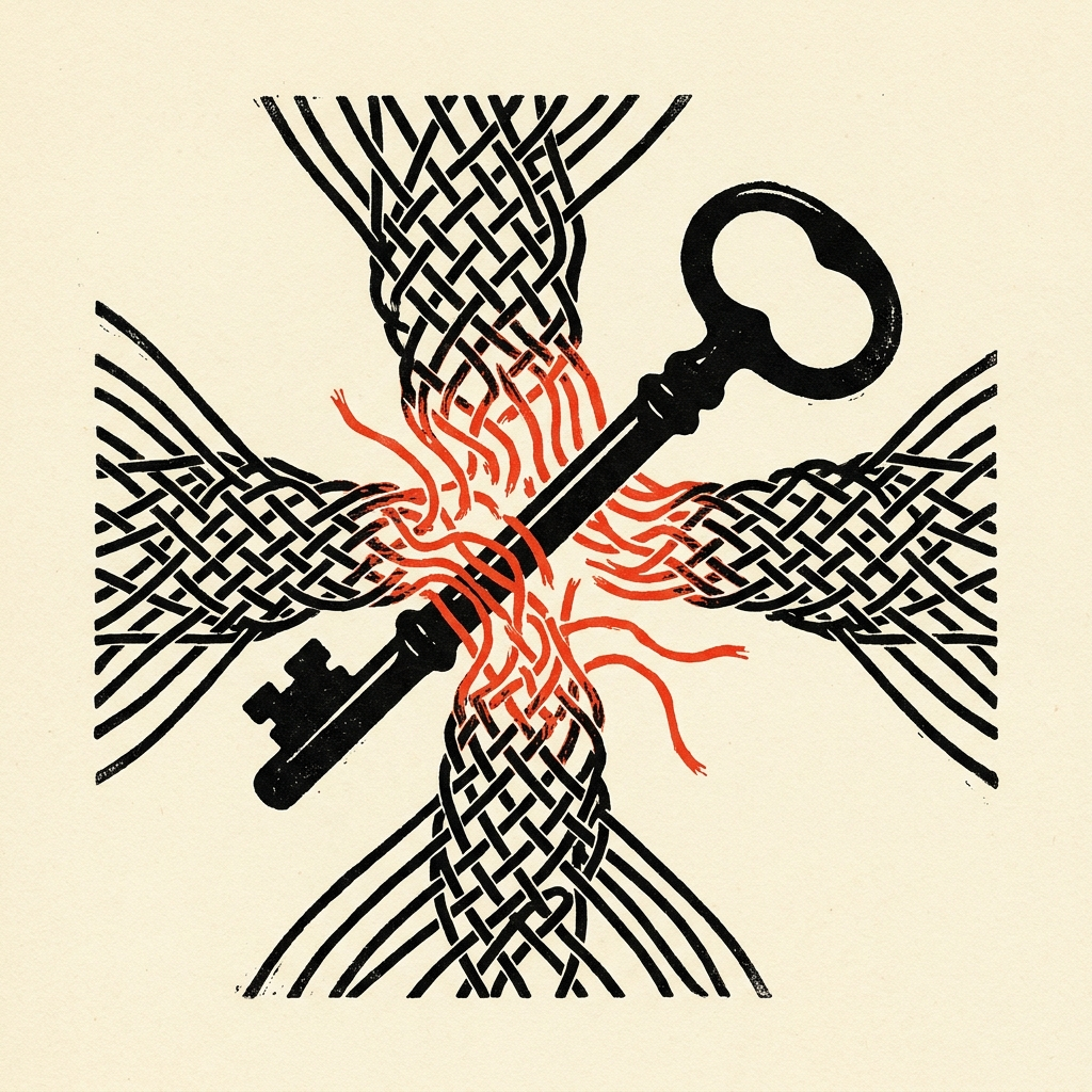 Editorial illustration: woven SD-WAN network fabric converging on root-access keys with red corruption radiating out