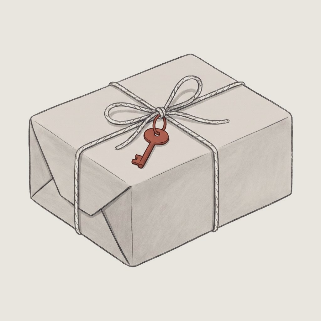 A neatly wrapped parcel tied with string, with one small red key tucked under the knot