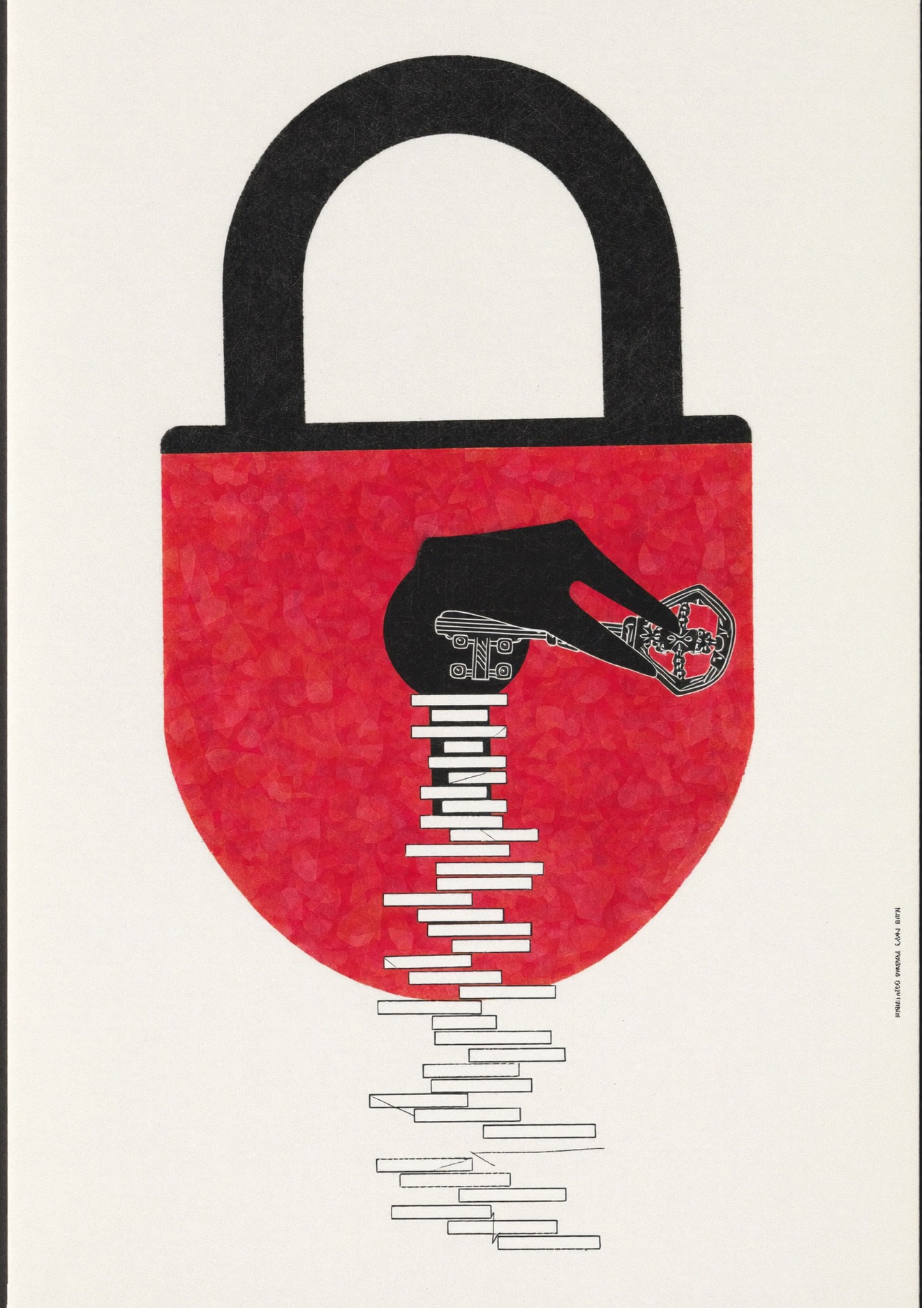 Editorial illustration: a shadowy gloved hand slips a stolen key into the back of a padlocked vault, springing it open and spilling private conversation