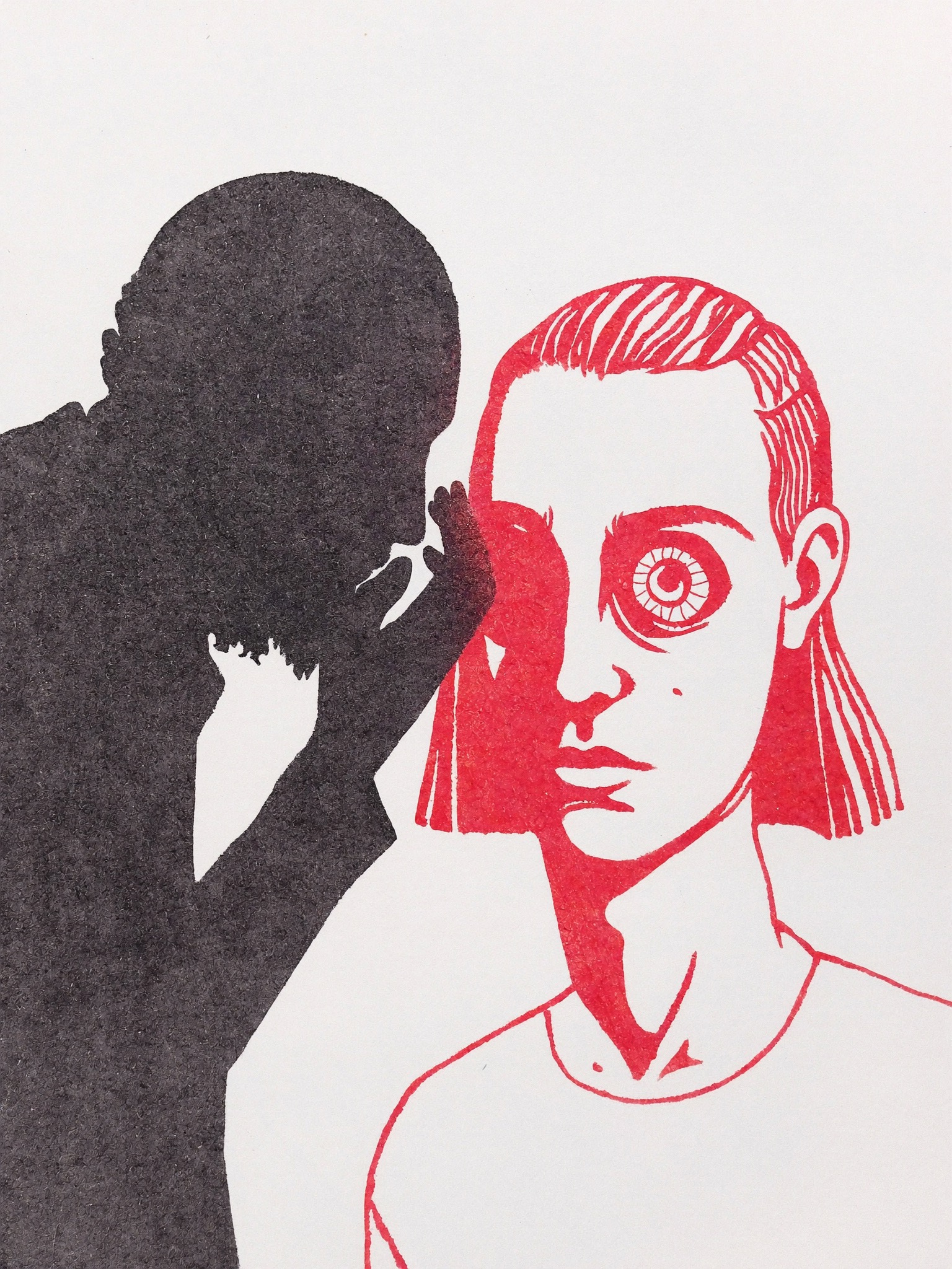Editorial illustration: a shadowy figure whispering into the ear of a calm robot head whose single eye cracks and flickers red with doubt