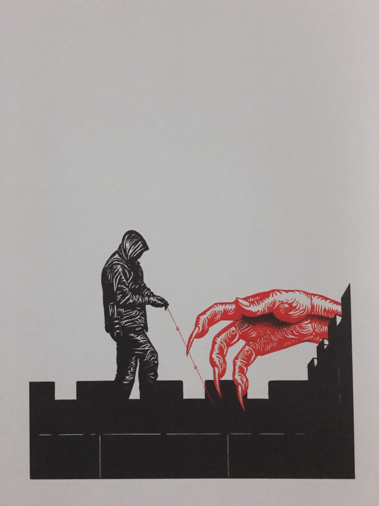 Editorial illustration: a hooded insider on a fortress wall passing a red thread to a clawed hand reaching from the dark outside