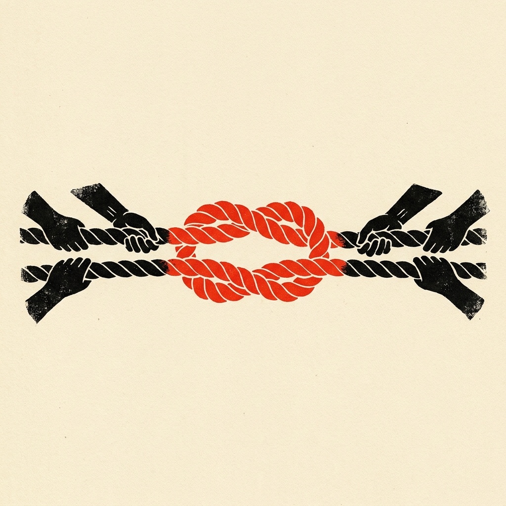 Many hands straining on a single rope with a red knot at the center, editorial hero illustration
