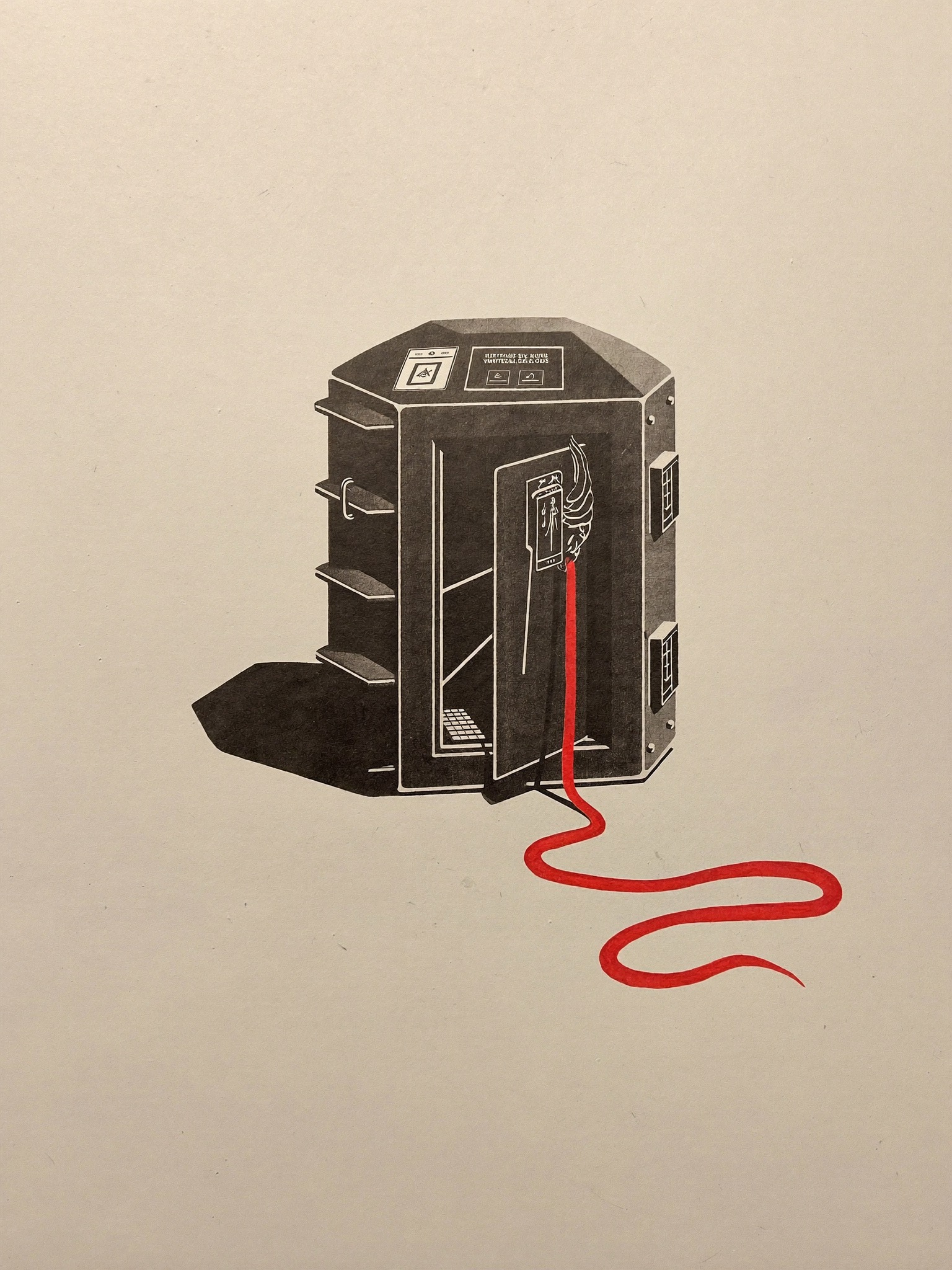 Editorial illustration: a single industrial gateway box pried open with a glowing red command-thread forced inside