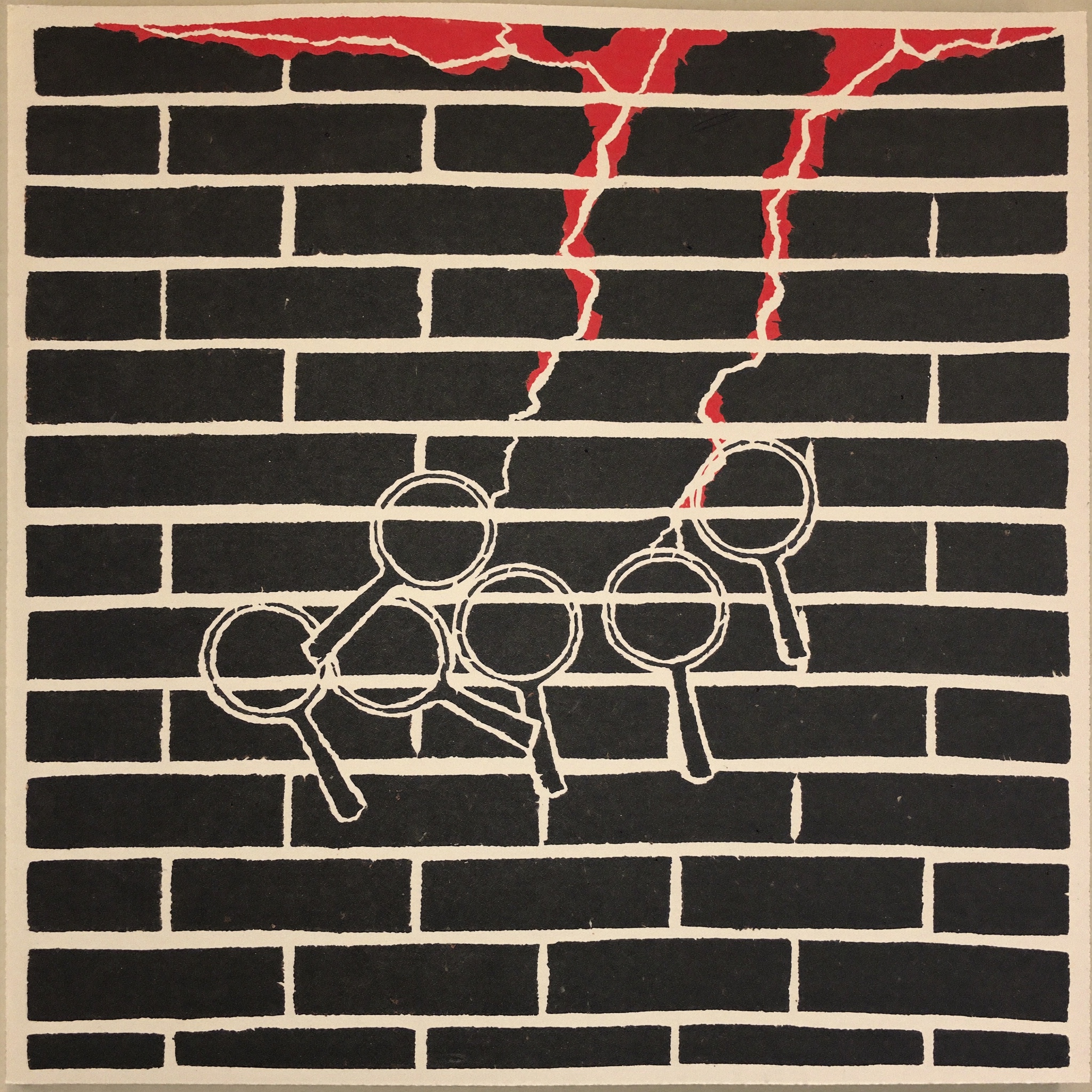 A cracked brick wall studied by many magnifying glasses, editorial illustration