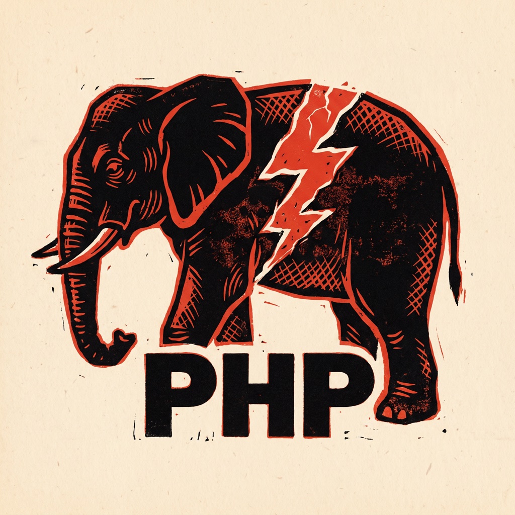 PHP vault door cracked open, two-color linocut illustration