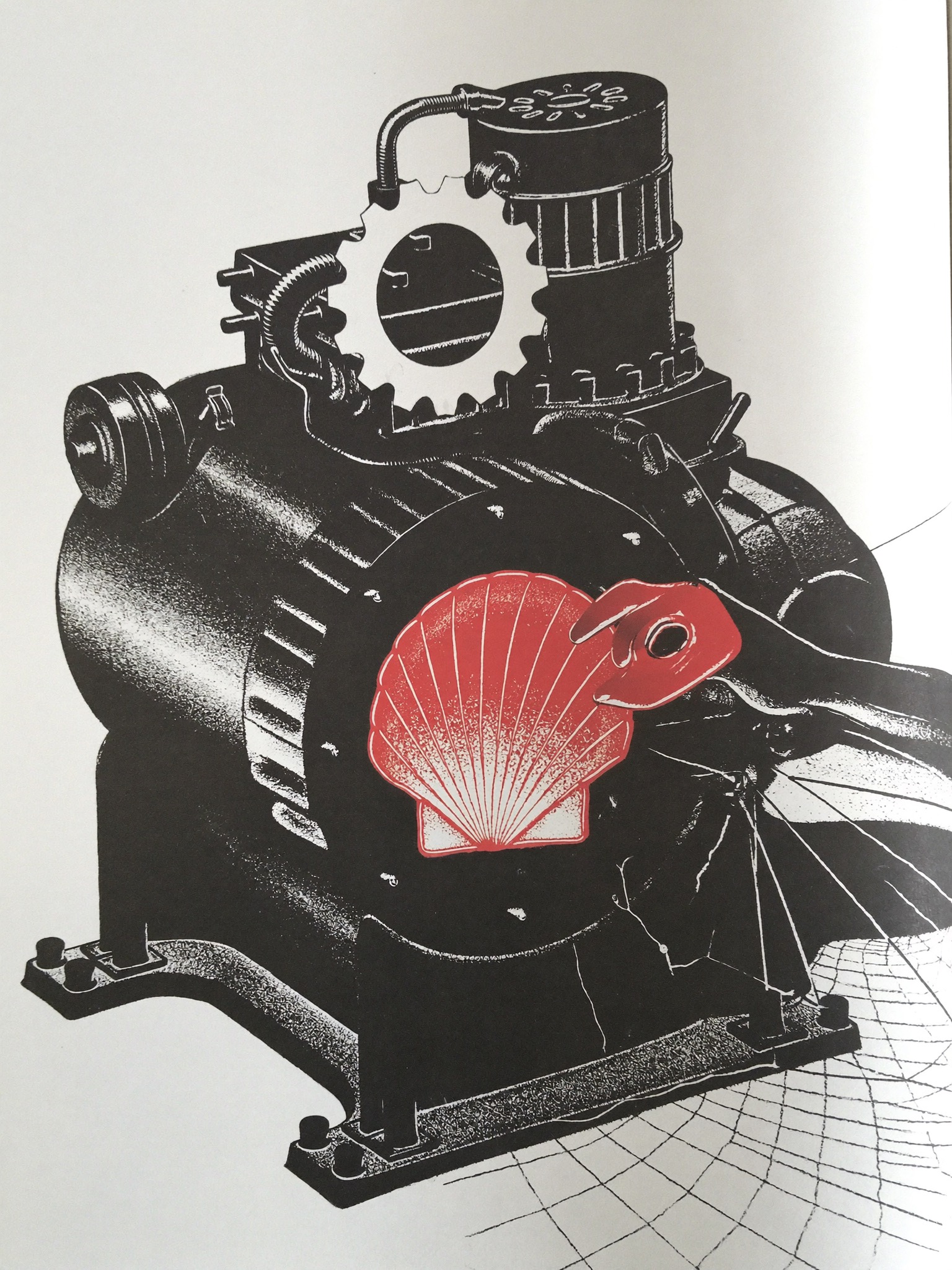 Editorial illustration: an industrial machine with a red web-shell embedded in its core as cracks spread across the housing
