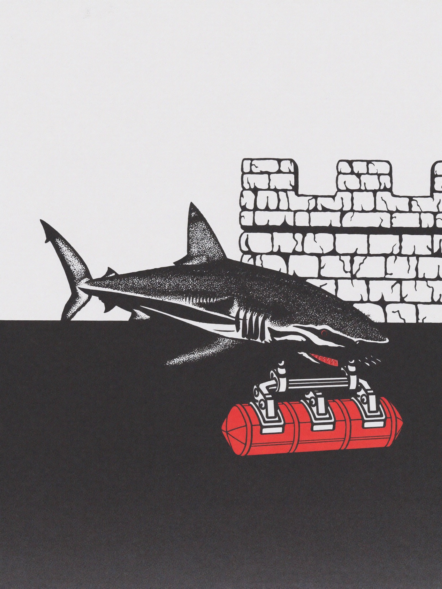Editorial illustration: a shark built from mechanical loader plates carries a red payload toward a cracked fortress wall