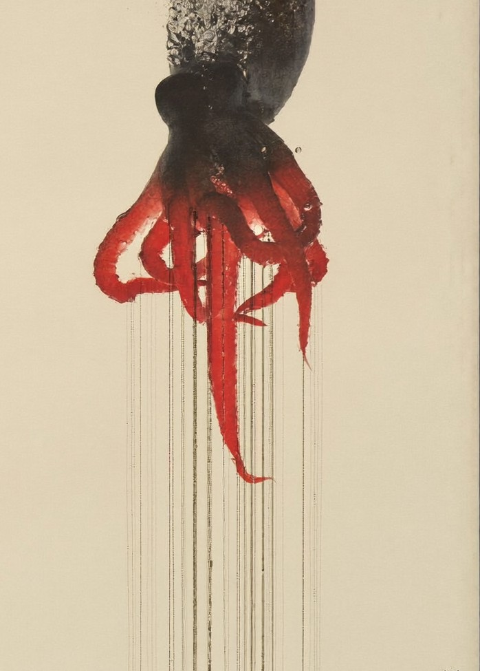 A dark squid bleeding red ink down a cream page — an editorial depiction of the SquidBleed Squid-proxy data leak