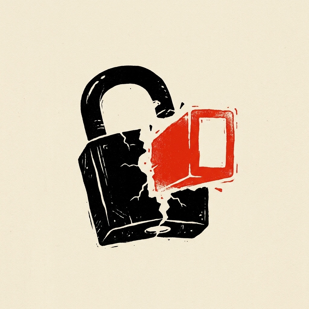 A cracked iron padlock with a red command-line cursor bursting out, editorial hero illustration