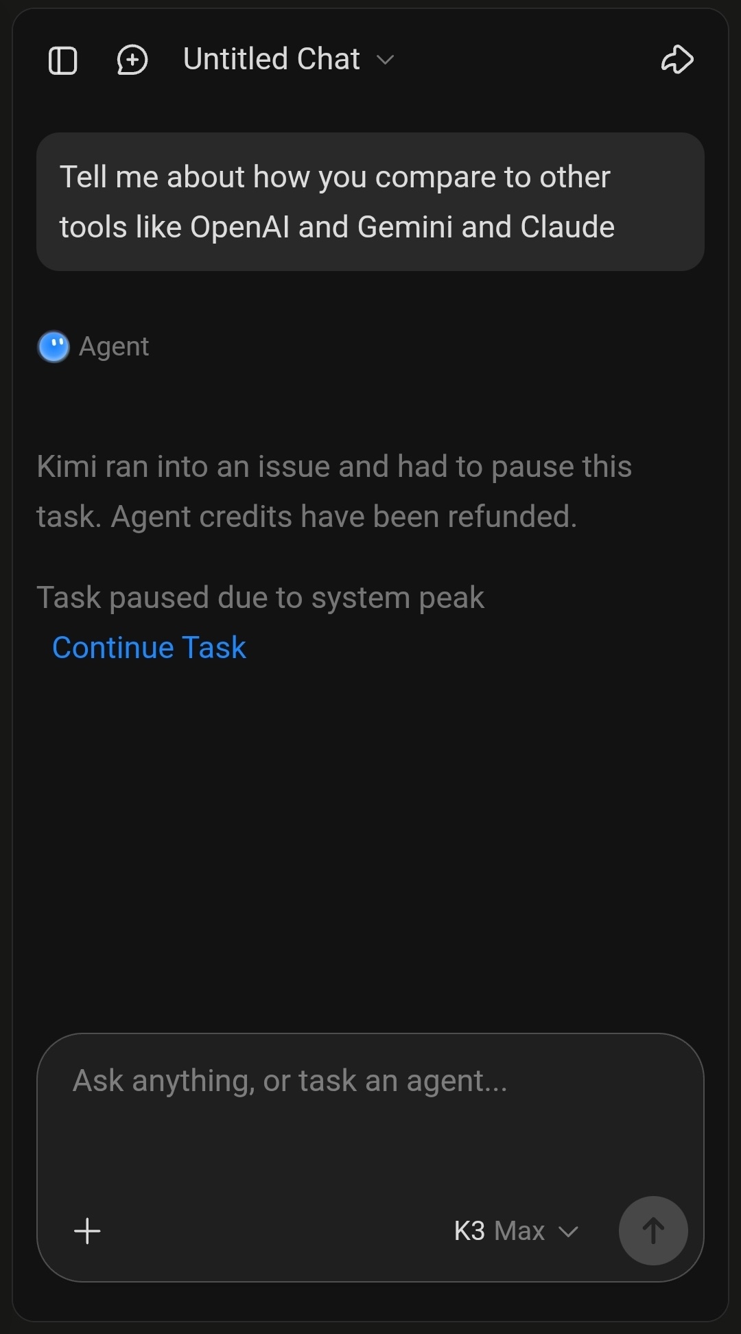 Kimi K3 Max interface: Kimi ran into an issue and had to pause this task. Agent credits have been refunded. Task paused due to system peak.